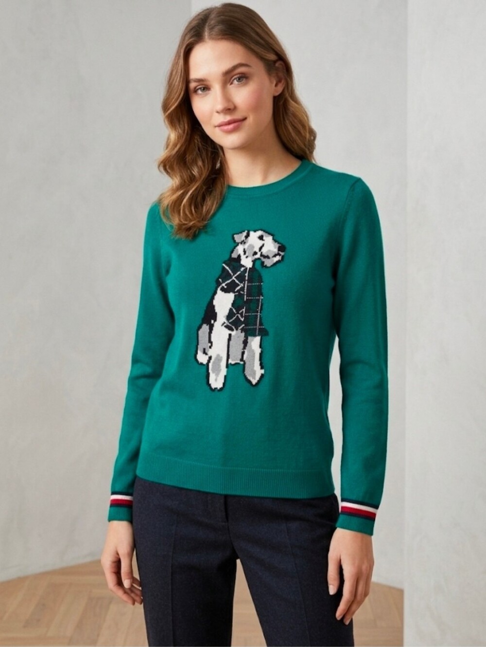 Tommy Hilfiger Green Dog Novelty Terrier Crewneck Knit Pullover Sweater Size M